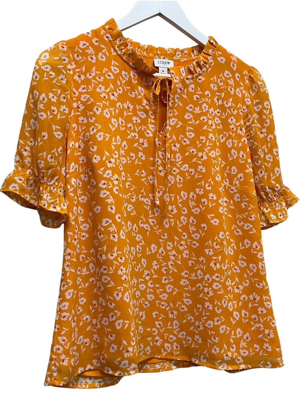J. Crew Vibrant Orange Blouse White Floral Design Chiffon Top Shirt Women’s S - Picture 2 of 8